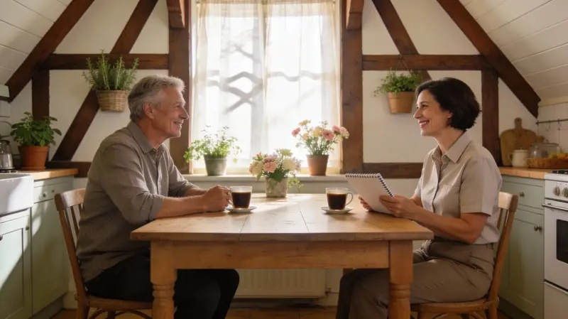 Kennismakingsgesprek met betrouwbare huishoudelijke hulp in Apeldoorn Klant en betrouwbare huishoudelijke hulp in Apeldoorn bespreken discretie en afspraken aan de keukentafel